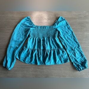 Paper Crane Teal Blue Tiered Smocked Long Sleeve Blouse S